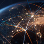 Highly detailed 3d generated globe with glowing connection lines between big cities.